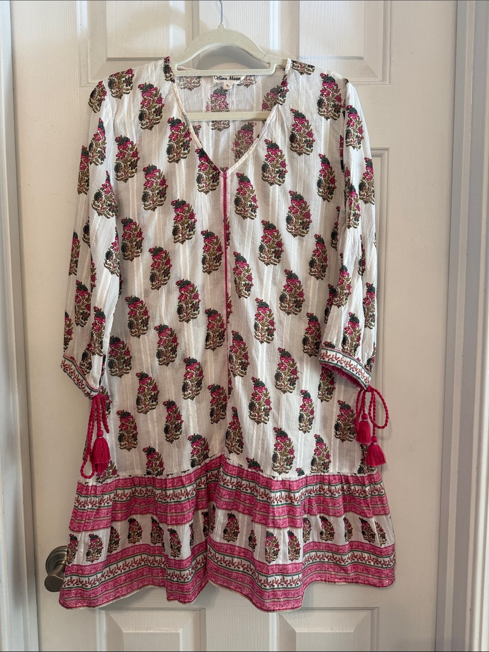 CELINA MOON White Floral Boho Tunic Dress coverup block print small